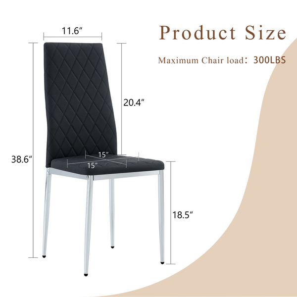 English Elm Modern Pu Leather Dining Chair Set of Six with Diamond Back and Silver Legs Black+Silver W1512P539945
