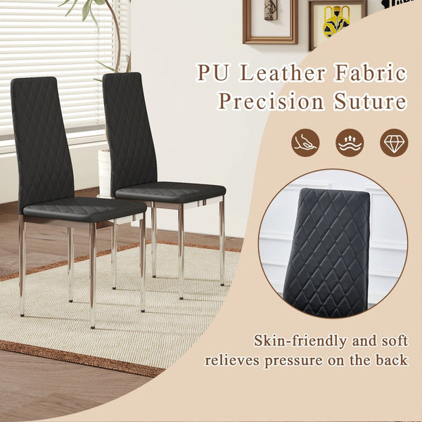 English Elm Modern Pu Leather Dining Chair Set of Six with Diamond Back and Silver Legs Black+Silver W1512P539945