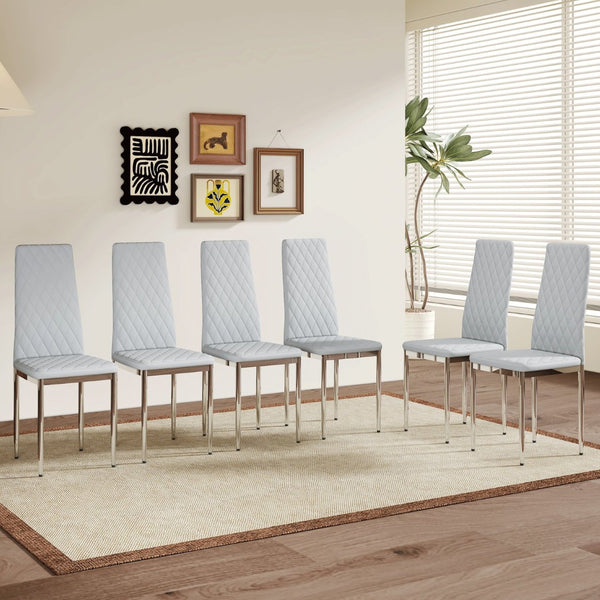 English Elm Modern Pu Leather Dining Chair Set of Six with Diamond Back and Silver Legs Light Gray+Silver W1512P539952