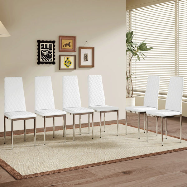 English Elm Modern Pu Leather Dining Chair Set of Six with Diamond Back and Silver Legs White+Silver W1512P539972