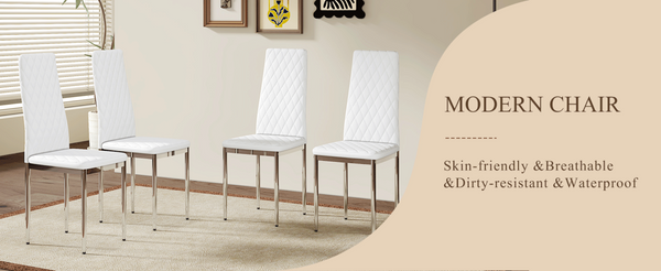 English Elm Modern Pu Leather Dining Chair Set of Six with Diamond Back and Silver Legs White+Silver W1512P539972