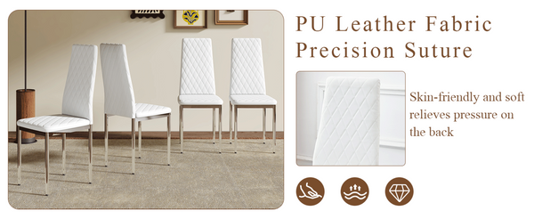 English Elm Modern Pu Leather Dining Chair Set of Six with Diamond Back and Silver Legs White+Silver W1512P539972
