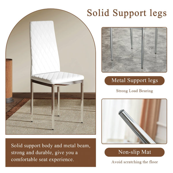 English Elm Modern Pu Leather Dining Chair Set of Six with Diamond Back and Silver Legs White+Silver W1512P539972