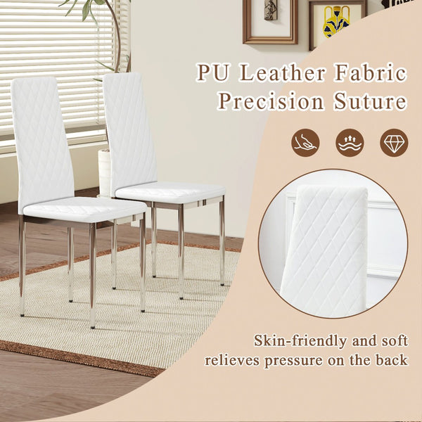 English Elm Modern Pu Leather Dining Chair Set of Six with Diamond Back and Silver Legs White+Silver W1512P539972