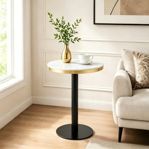 English Elm 23.6 Inch Round Marble Look Side Table with Stainless Steel Edge Trim and Metal Base White - B W1512P540011