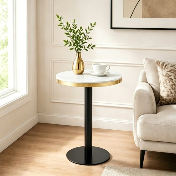 English Elm 23.6 Inch Round Marble Look Side Table with Stainless Steel Edge Trim and Metal Base White - B W1512P540011