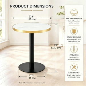 English Elm 23.6 Inch Round Marble Look Side Table with Stainless Steel Edge Trim and Metal Base White - B W1512P540011