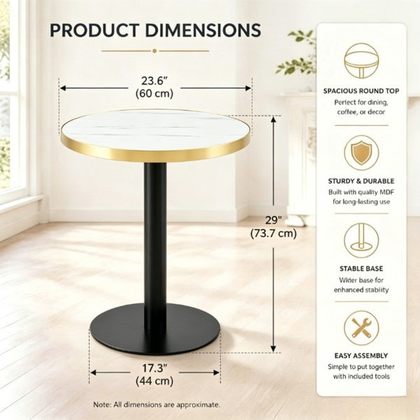 English Elm 23.6 Inch Round Marble Look Side Table with Stainless Steel Edge Trim and Metal Base White - B W1512P540011