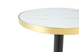 English Elm 23.6 Inch Round Marble Look Side Table with Stainless Steel Edge Trim and Metal Base White - B W1512P540011
