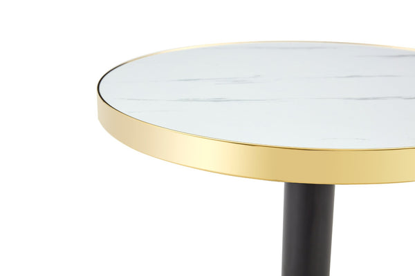 English Elm 23.6 Inch Round Marble Look Side Table with Stainless Steel Edge Trim and Metal Base White - B W1512P540011