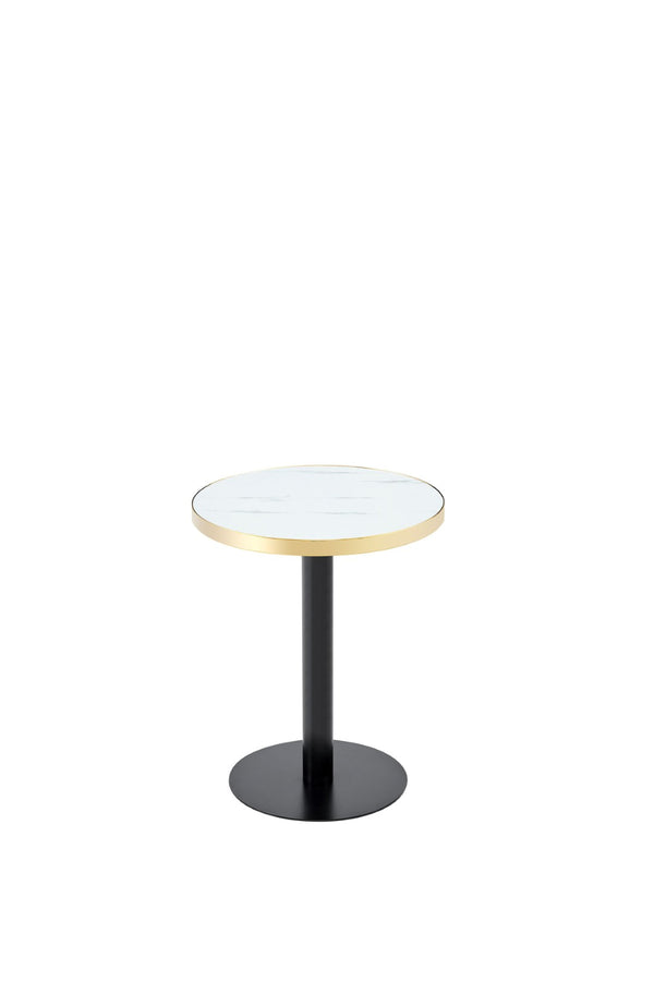 English Elm 23.6 Inch Round Marble Look Side Table with Stainless Steel Edge Trim and Metal Base White - B W1512P540011