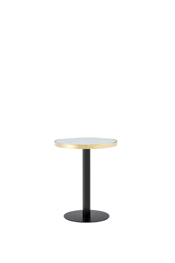 English Elm 23.6 Inch Round Marble Look Side Table with Stainless Steel Edge Trim and Metal Base White - B W1512P540011