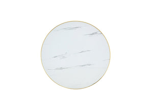 English Elm 23.6 Inch Round Marble Look Side Table with Stainless Steel Edge Trim and Metal Base White - B W1512P540011