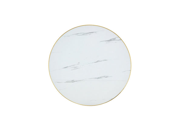 English Elm 23.6 Inch Round Marble Look Side Table with Stainless Steel Edge Trim and Metal Base White - B W1512P540011