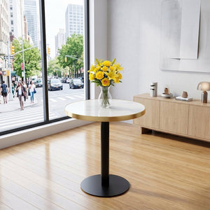 English Elm 23.6 Inch Round Marble Look Side Table with Stainless Steel Edge Trim and Metal Base White - B W1512P540011