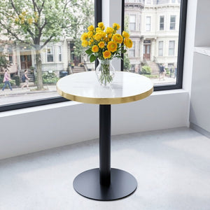 English Elm 23.6 Inch Round Marble Look Side Table with Stainless Steel Edge Trim and Metal Base White - B W1512P540011