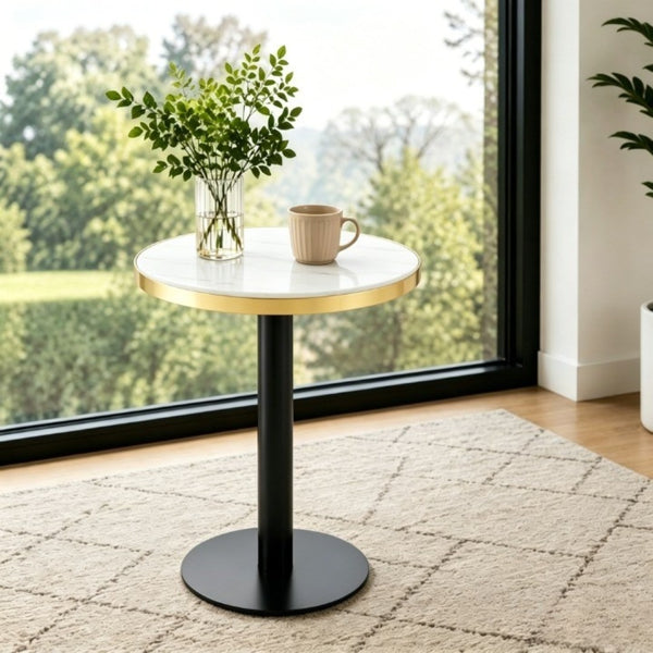 English Elm 23.6 Inch Round Marble Look Side Table with Stainless Steel Edge Trim and Metal Base White - B W1512P540011