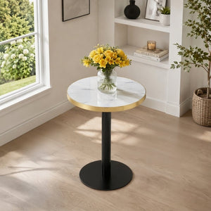 English Elm 23.6 Inch Round Marble Look Side Table with Stainless Steel Edge Trim and Metal Base White - B W1512P540011