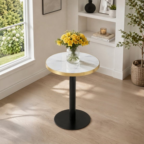 English Elm 23.6 Inch Round Marble Look Side Table with Stainless Steel Edge Trim and Metal Base White - B W1512P540011