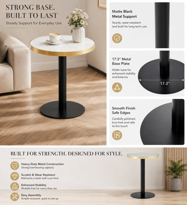 English Elm 23.6 Inch Round Marble Look Side Table with Stainless Steel Edge Trim and Metal Base White - B W1512P540011