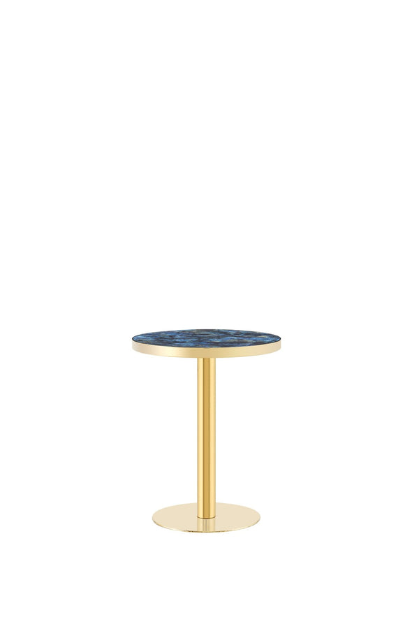 English Elm 23.6 Inch Round Marble Look Side Table with Stainless Steel Edge and Sculptural Metal Base Blue W1512P540251