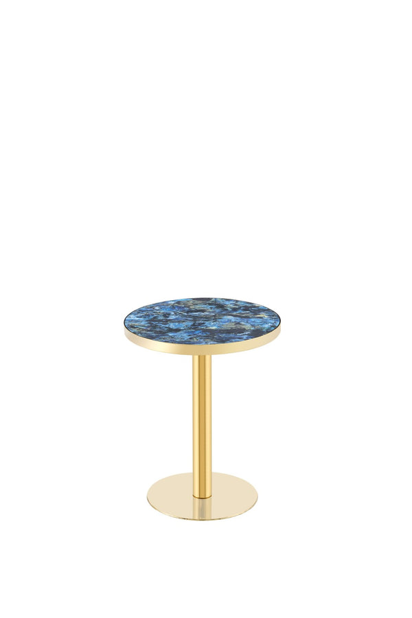 English Elm 23.6 Inch Round Marble Look Side Table with Stainless Steel Edge and Sculptural Metal Base Blue W1512P540251