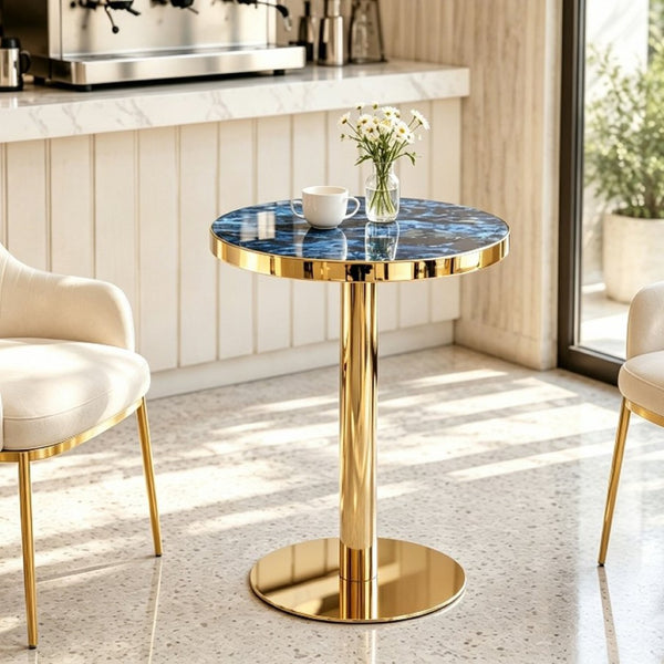 English Elm 23.6 Inch Round Marble Look Side Table with Stainless Steel Edge and Sculptural Metal Base Blue W1512P540251