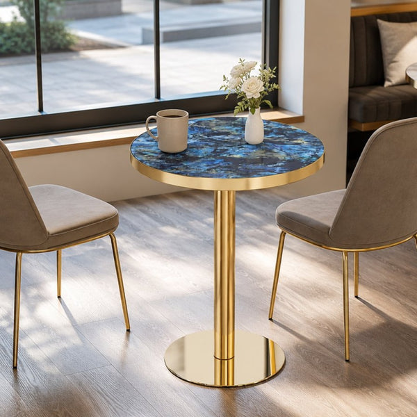 English Elm 23.6 Inch Round Marble Look Side Table with Stainless Steel Edge and Sculptural Metal Base Blue W1512P540251
