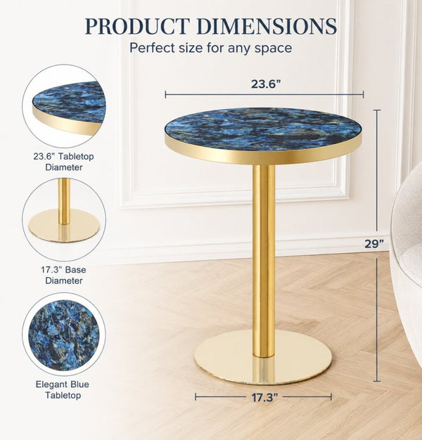English Elm 23.6 Inch Round Marble Look Side Table with Stainless Steel Edge and Sculptural Metal Base Blue W1512P540251