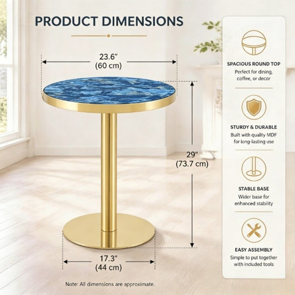 English Elm 23.6 Inch Round Marble Look Side Table with Stainless Steel Edge and Sculptural Metal Base Blue W1512P540251