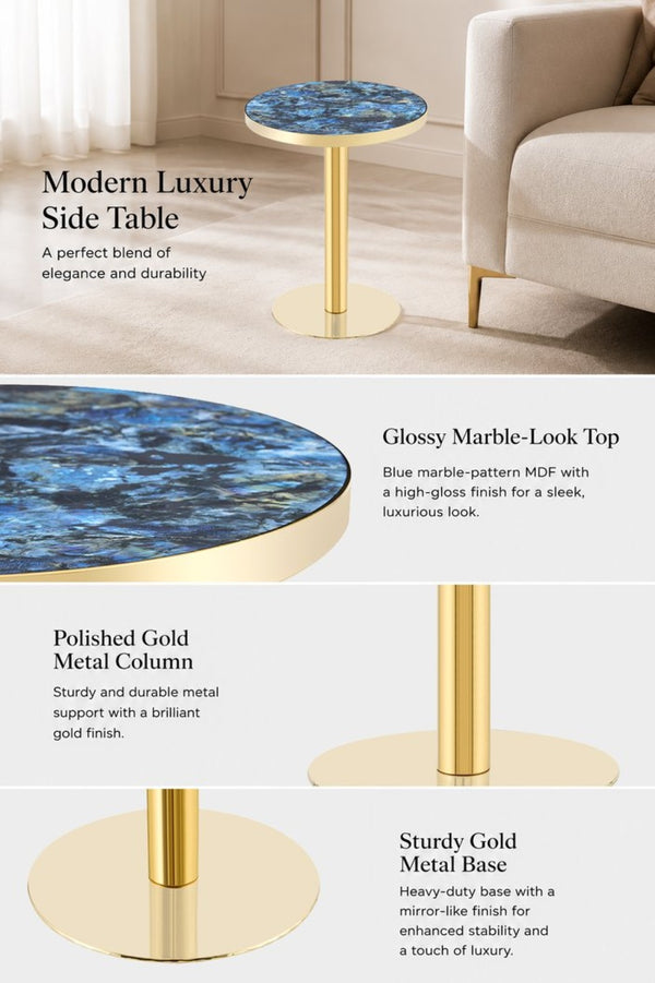 English Elm 23.6 Inch Round Marble Look Side Table with Stainless Steel Edge and Sculptural Metal Base Blue W1512P540251