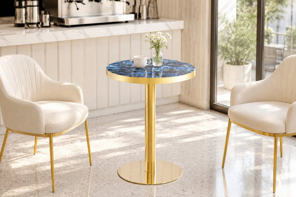 English Elm 23.6 Inch Round Marble Look Side Table with Stainless Steel Edge and Sculptural Metal Base Blue W1512P540251