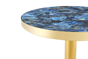 English Elm 23.6 Inch Round Marble Look Side Table with Stainless Steel Edge and Sculptural Metal Base Blue W1512P540251
