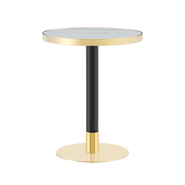 English Elm 23.6 Inch Round Marble Look Side Table with Stainless Steel Edge and Sculptural Metal Base White W1512P540290