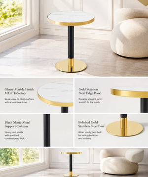 English Elm 23.6 Inch Round Marble Look Side Table with Stainless Steel Edge and Sculptural Metal Base White W1512P540290