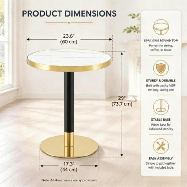 English Elm 23.6 Inch Round Marble Look Side Table with Stainless Steel Edge and Sculptural Metal Base White W1512P540290