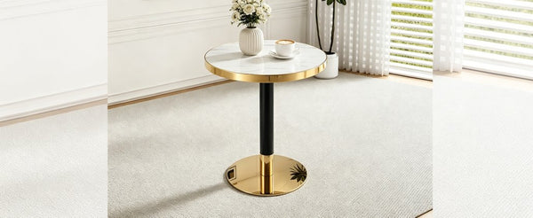English Elm 23.6 Inch Round Marble Look Side Table with Stainless Steel Edge and Sculptural Metal Base White W1512P540290