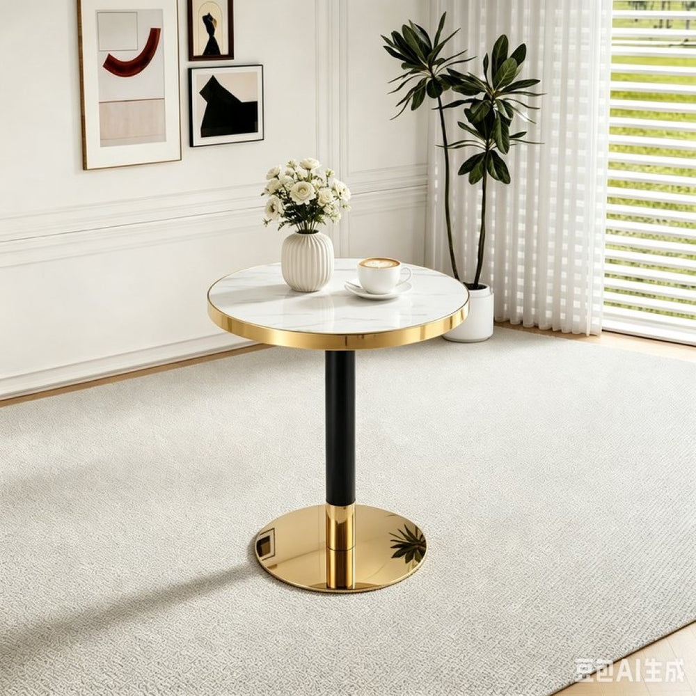 English Elm 23.6 Inch Round Marble Look Side Table with Stainless Steel Edge and Sculptural Metal Base White W1512P540290