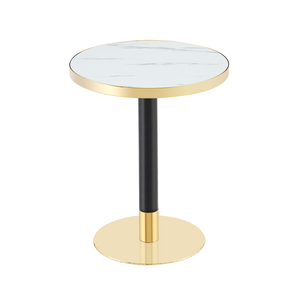 English Elm 23.6 Inch Round Marble Look Side Table with Stainless Steel Edge and Sculptural Metal Base White W1512P540290