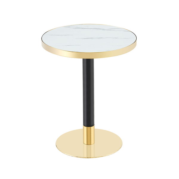 English Elm 23.6 Inch Round Marble Look Side Table with Stainless Steel Edge and Sculptural Metal Base White W1512P540290