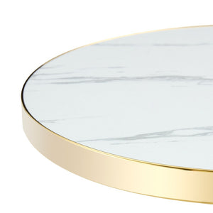 English Elm 23.6 Inch Round Marble Look Side Table with Stainless Steel Edge and Sculptural Metal Base White W1512P540290