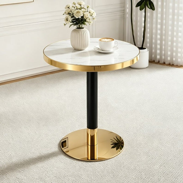 English Elm 23.6 Inch Round Marble Look Side Table with Stainless Steel Edge and Sculptural Metal Base White W1512P540290