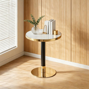 English Elm 23.6 Inch Round Marble Look Side Table with Stainless Steel Edge and Sculptural Metal Base White W1512P540290