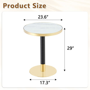 English Elm 23.6 Inch Round Marble Look Side Table with Stainless Steel Edge and Sculptural Metal Base White W1512P540290
