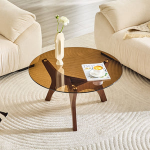English Elm 31.5" Round Tempered Glass Coffee Table Mid-century Mdf Base for Modern Living Rooms Walnut W1512P540304