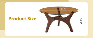 English Elm 31.5" Round Tempered Glass Coffee Table Mid-century Mdf Base for Modern Living Rooms Walnut W1512P540304