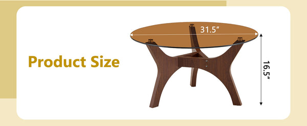 English Elm 31.5" Round Tempered Glass Coffee Table Mid-century Mdf Base for Modern Living Rooms Walnut W1512P540304