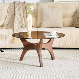 English Elm 31.5" Round Tempered Glass Coffee Table Mid-century Mdf Base for Modern Living Rooms Walnut W1512P540304