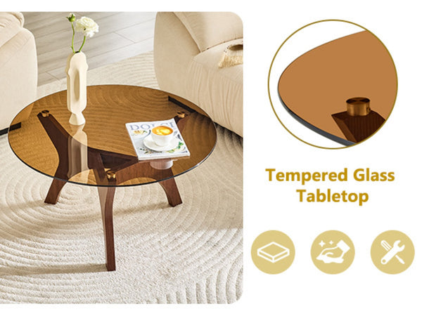 English Elm 31.5" Round Tempered Glass Coffee Table Mid-century Mdf Base for Modern Living Rooms Walnut W1512P540304
