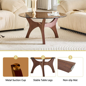 English Elm 31.5" Round Tempered Glass Coffee Table Mid-century Mdf Base for Modern Living Rooms Walnut W1512P540304